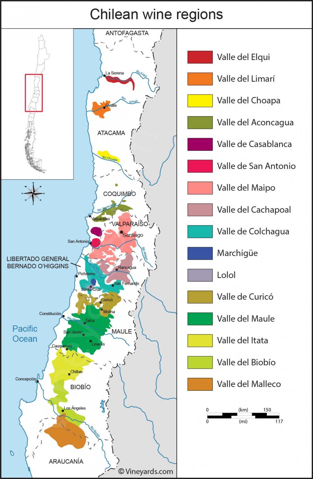 Karta vinskih regija Čile 